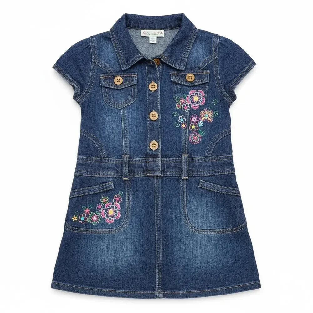 Vintage Y2K Carters Kids 5 Denim Jean Pink Flower Embroidered Dress Jumper